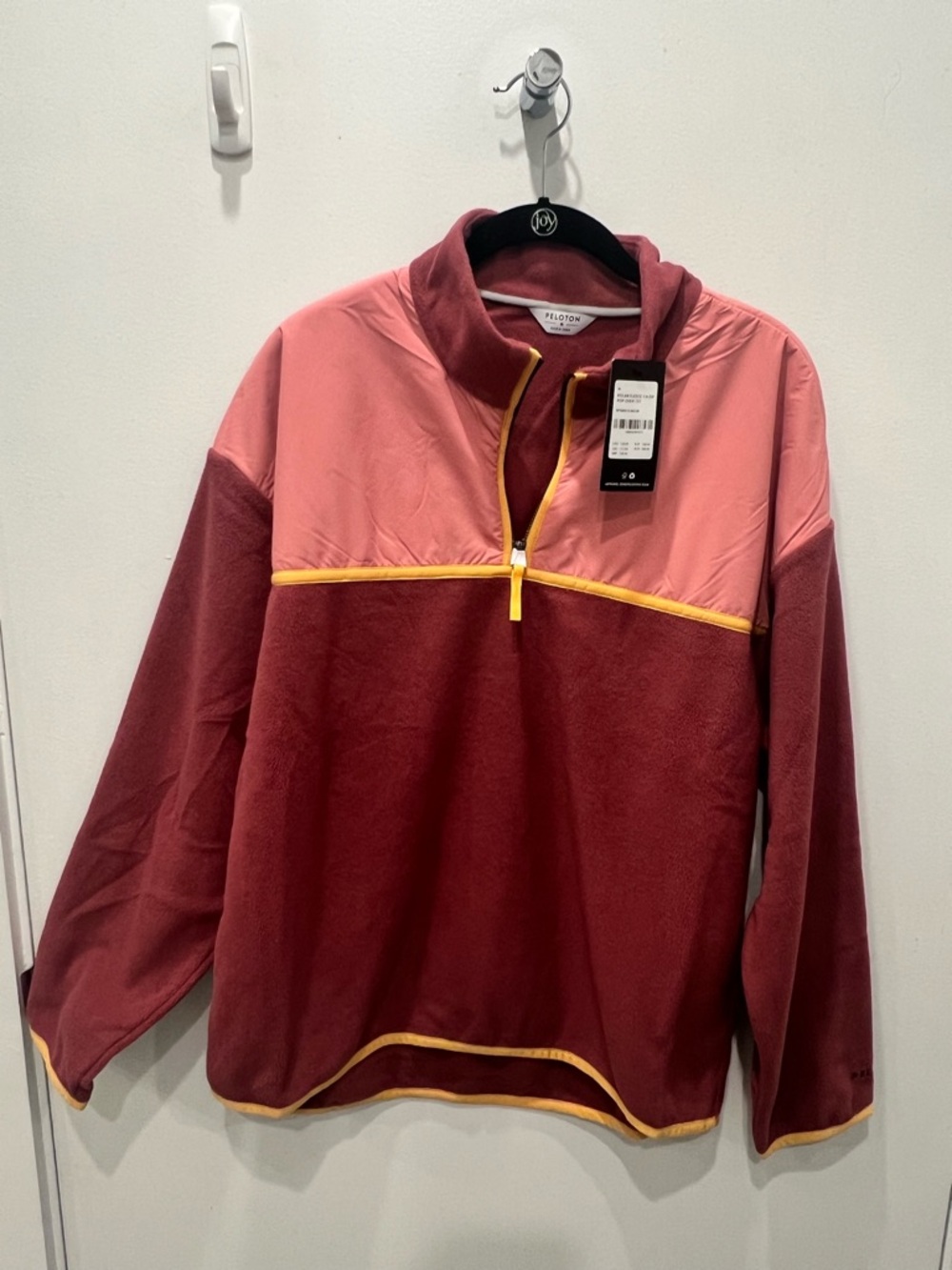 Peloton Pink and Maroon Quarter-Zip Fleece Pullover with Yellow Trim